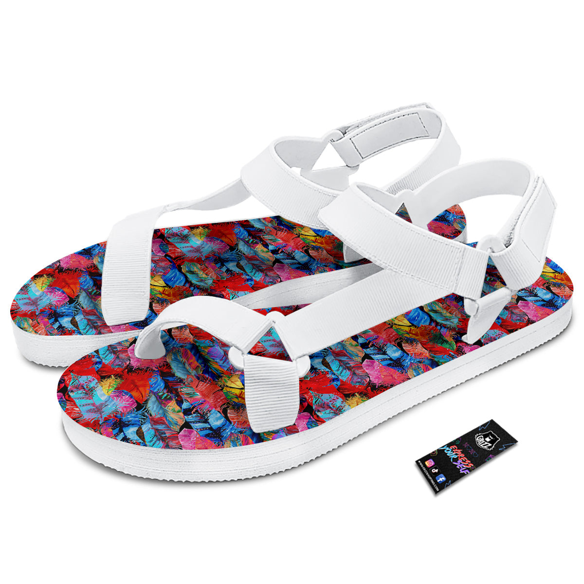 Abstract Feather Watercolor Boho Print Pattern White Open Toe Sandals-grizzshop