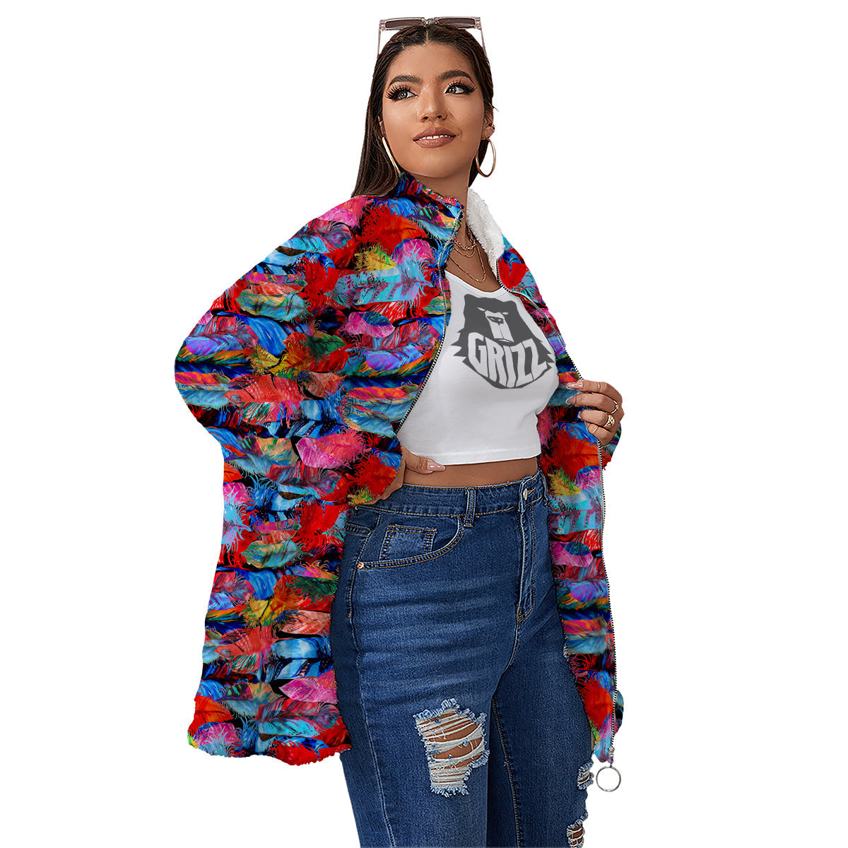 Abstract Feather Watercolor Boho Print Pattern Women's Sherpa Jacket-grizzshop