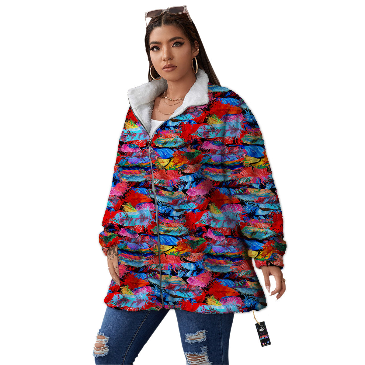 Abstract Feather Watercolor Boho Print Pattern Women's Sherpa Jacket-grizzshop