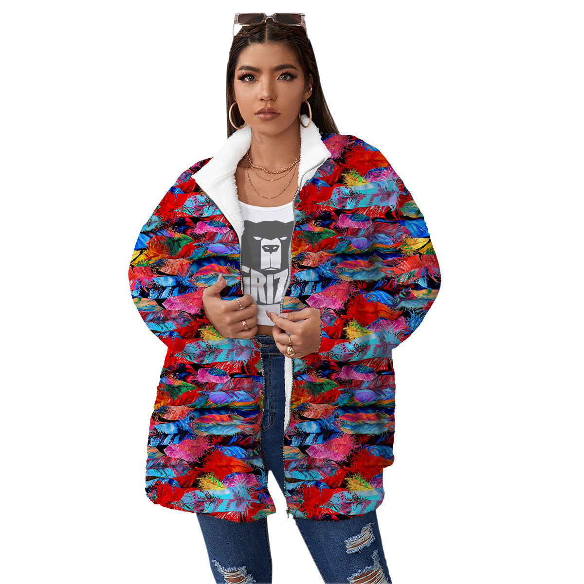 Abstract Feather Watercolor Boho Print Pattern Women's Sherpa Jacket-grizzshop