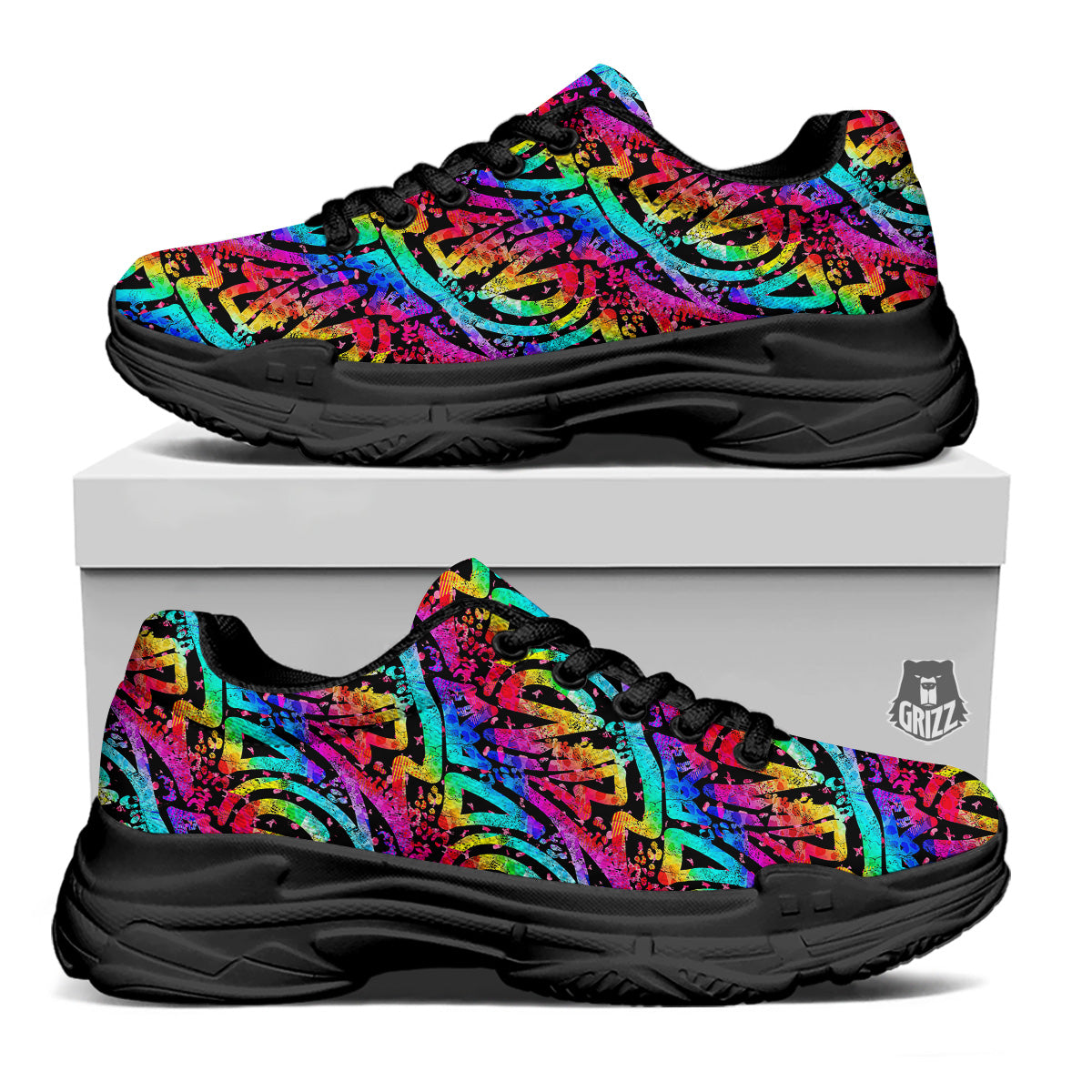 Abstract Graffiti Colorful Paint Print Pattern Black Chunky Shoes-grizzshop