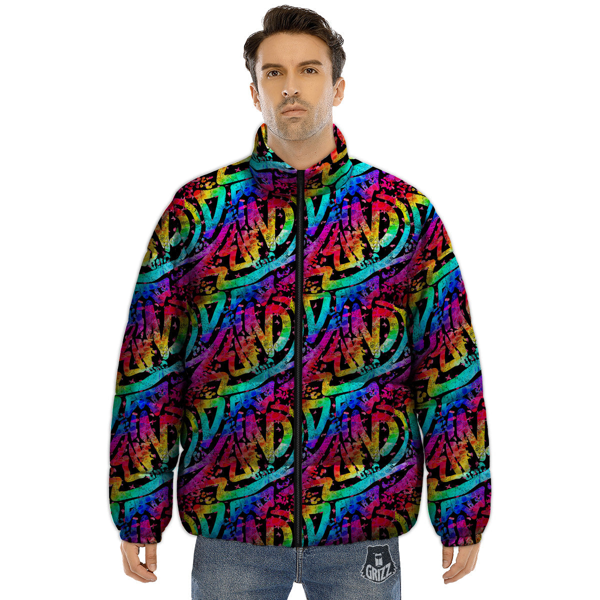 Abstract Graffiti Colorful Paint Print Pattern Puffer Jacket-grizzshop