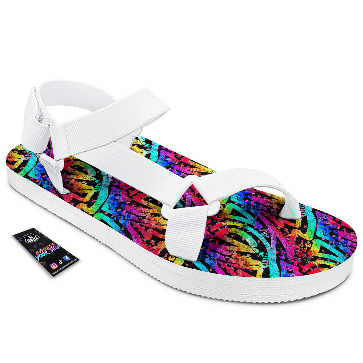 Abstract Graffiti Colorful Paint Print Pattern White Open Toe Sandals-grizzshop