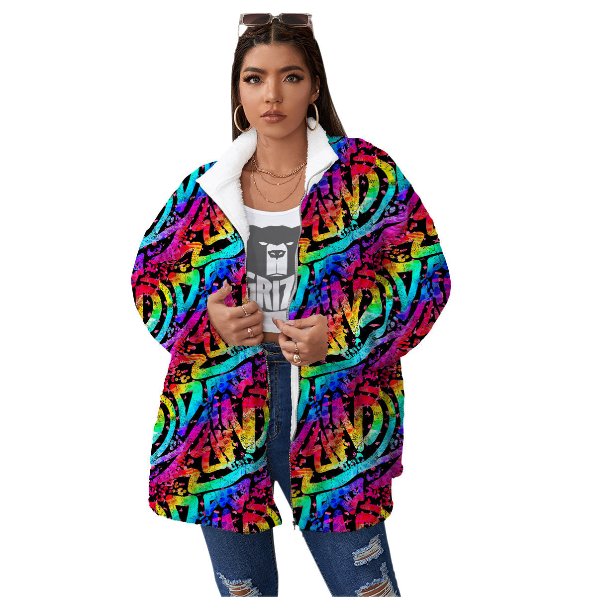 Abstract Graffiti Colorful Paint Print Pattern Women's Sherpa Jacket-grizzshop