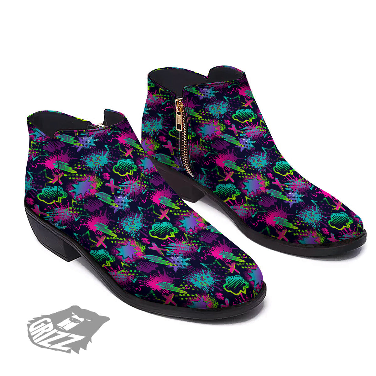 Abstract Graffiti Emoji Print Pattern Ankle Boots-grizzshop