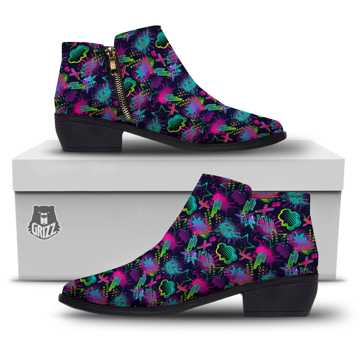 Abstract Graffiti Emoji Print Pattern Ankle Boots-grizzshop