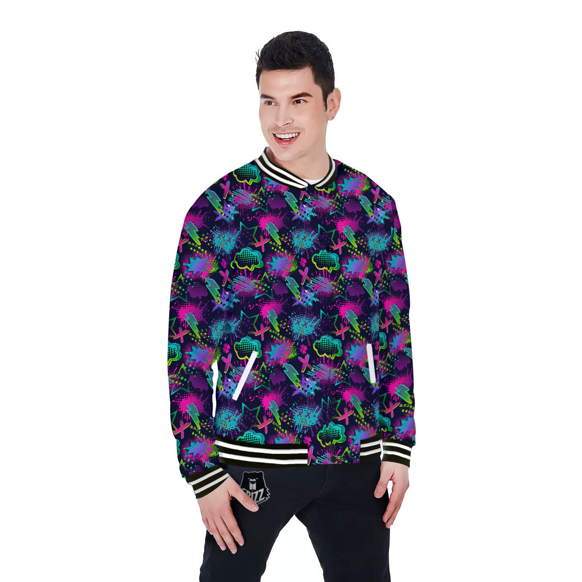 Abstract Graffiti Emoji Print Pattern Baseball Jacket-grizzshop