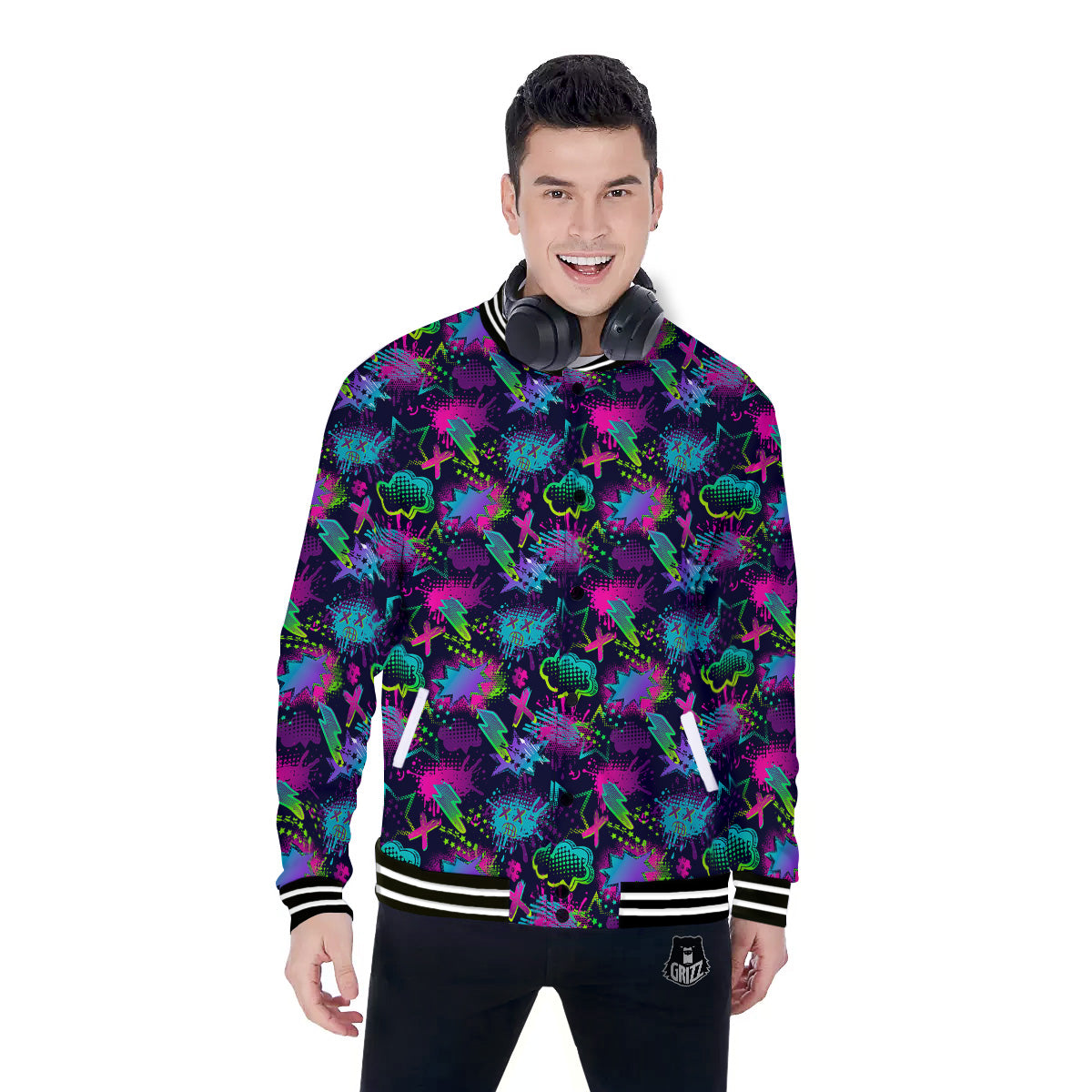 Abstract Graffiti Emoji Print Pattern Baseball Jacket-grizzshop