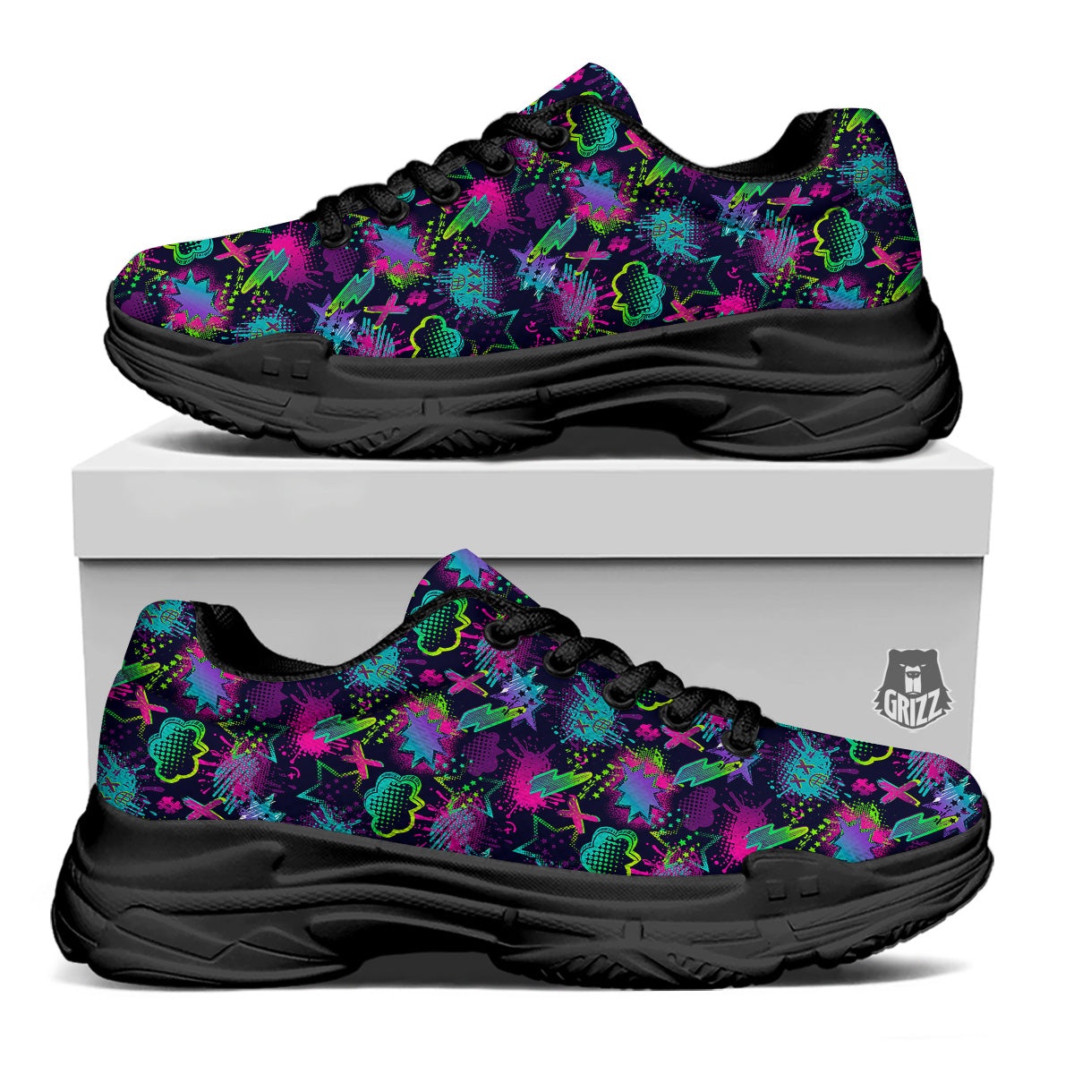 Abstract Graffiti Emoji Print Pattern Black Chunky Shoes-grizzshop