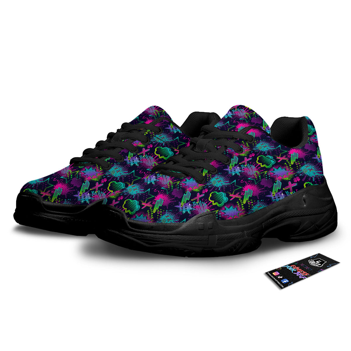 Abstract Graffiti Emoji Print Pattern Black Chunky Shoes-grizzshop