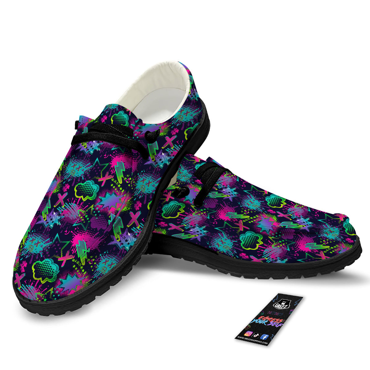 Abstract Graffiti Emoji Print Pattern Black Loafers-grizzshop