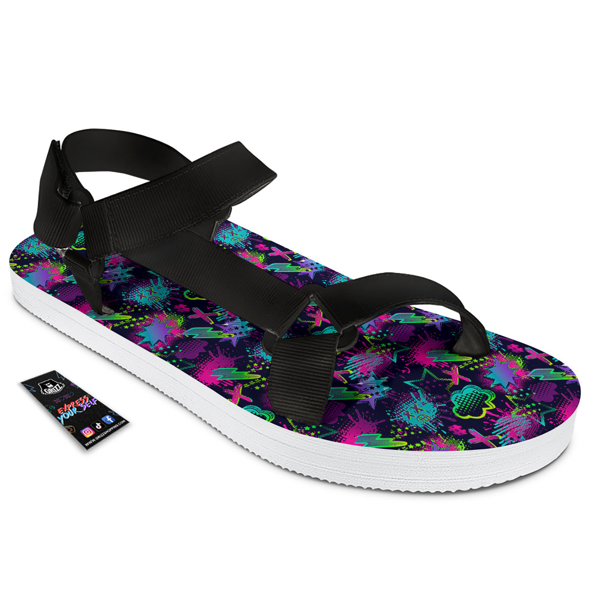 Abstract Graffiti Emoji Print Pattern Black Open Toe Sandals-grizzshop