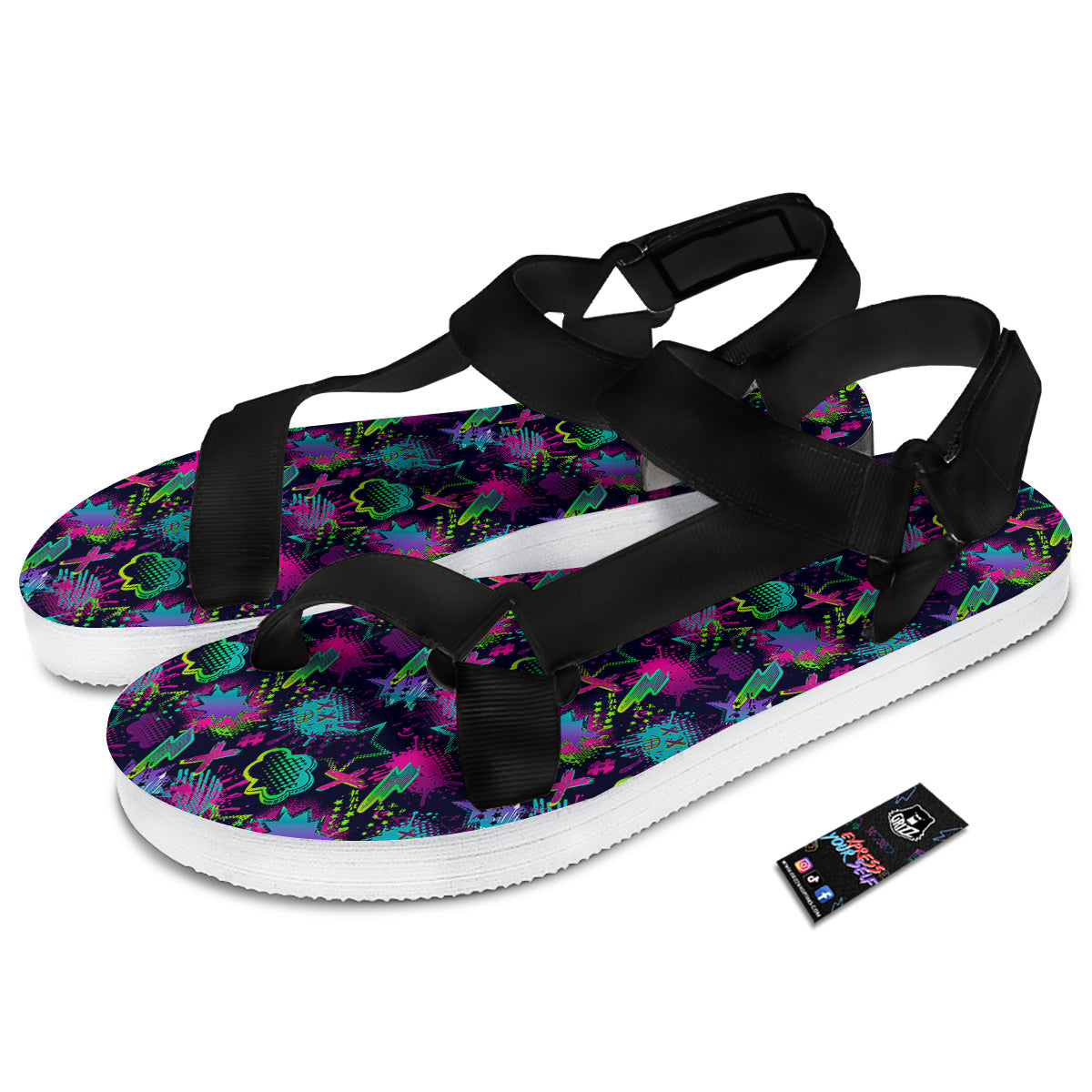 Abstract Graffiti Emoji Print Pattern Black Open Toe Sandals-grizzshop