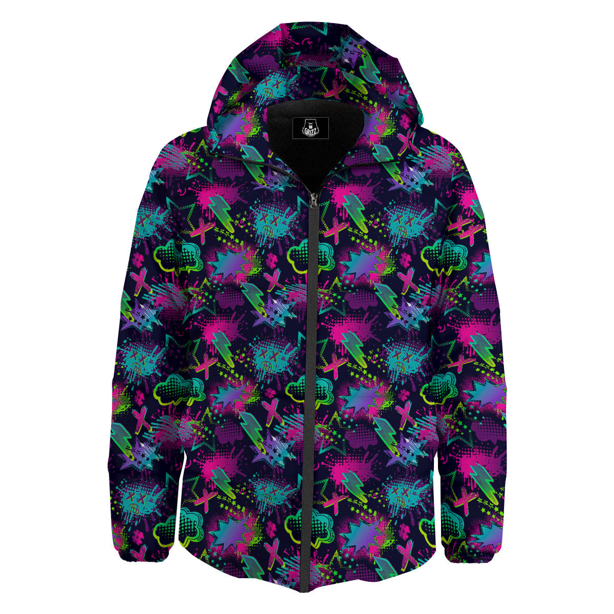 Abstract Graffiti Emoji Print Pattern Down Jacket-grizzshop