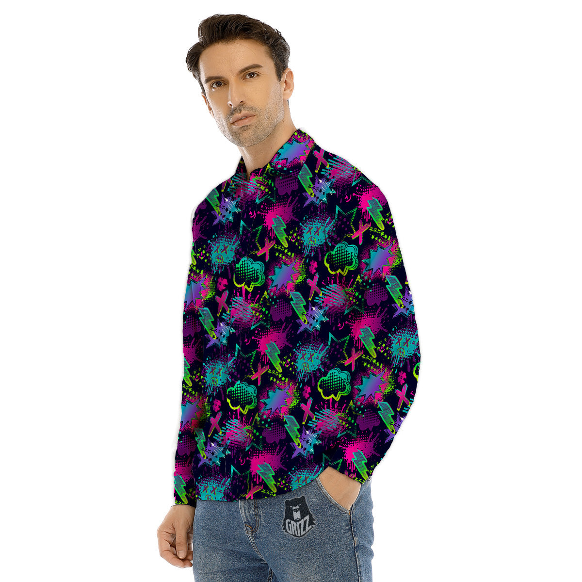 Abstract Graffiti Emoji Print Pattern Men's Dress Shirts-grizzshop