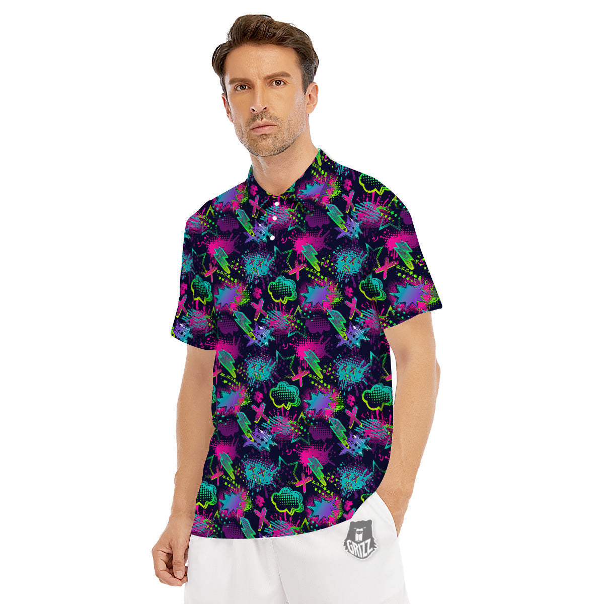 Abstract Graffiti Emoji Print Pattern Men's Golf Shirts-grizzshop