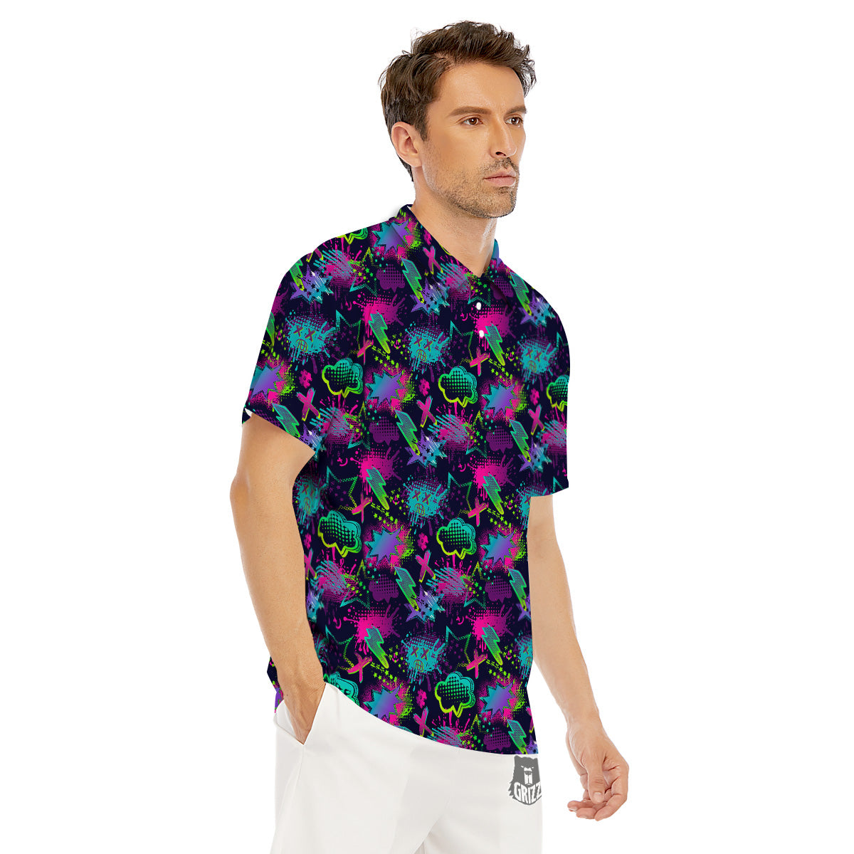 Abstract Graffiti Emoji Print Pattern Men's Golf Shirts-grizzshop