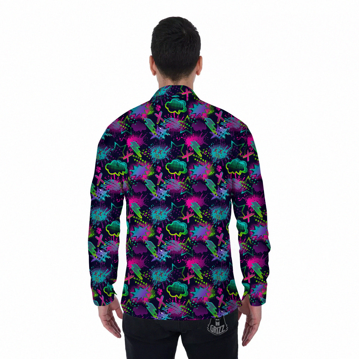 Abstract Graffiti Emoji Print Pattern Men's Long Sleeve Shirts-grizzshop