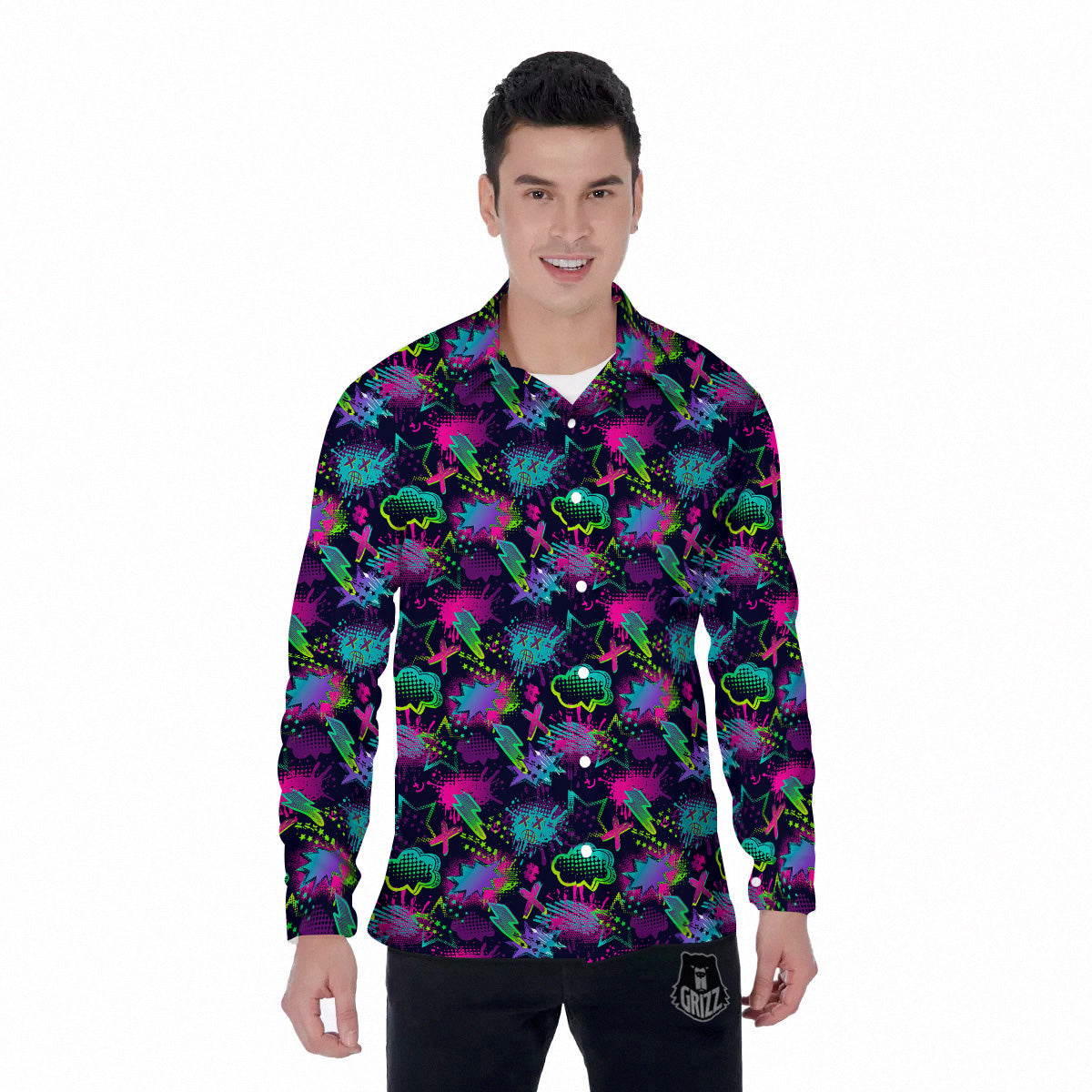 Abstract Graffiti Emoji Print Pattern Men's Long Sleeve Shirts-grizzshop