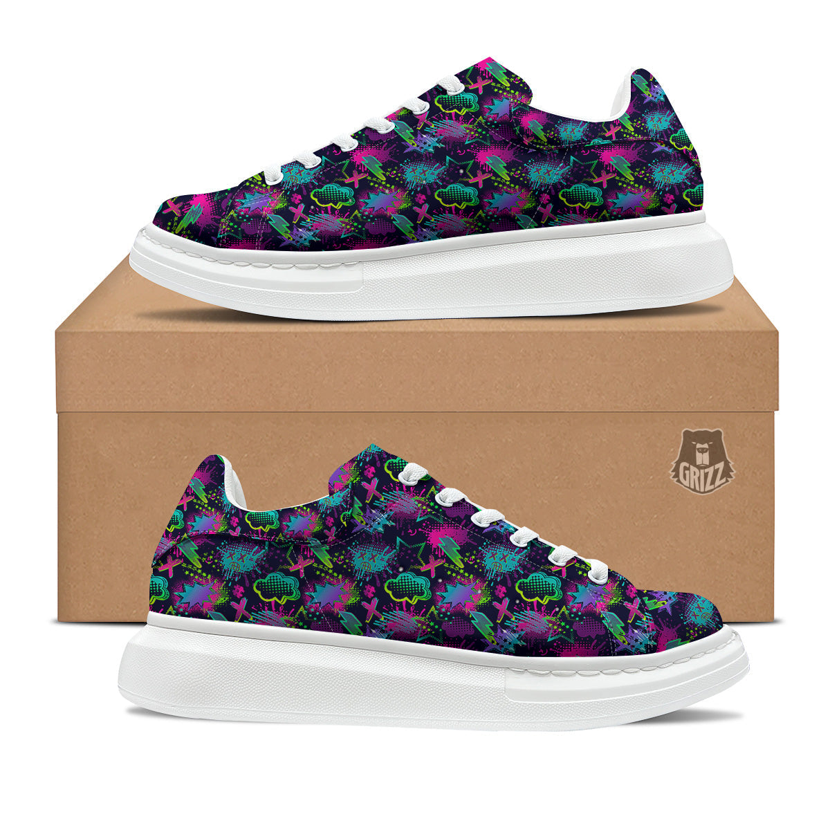 Abstract Graffiti Emoji Print Pattern Platform Shoes-grizzshop