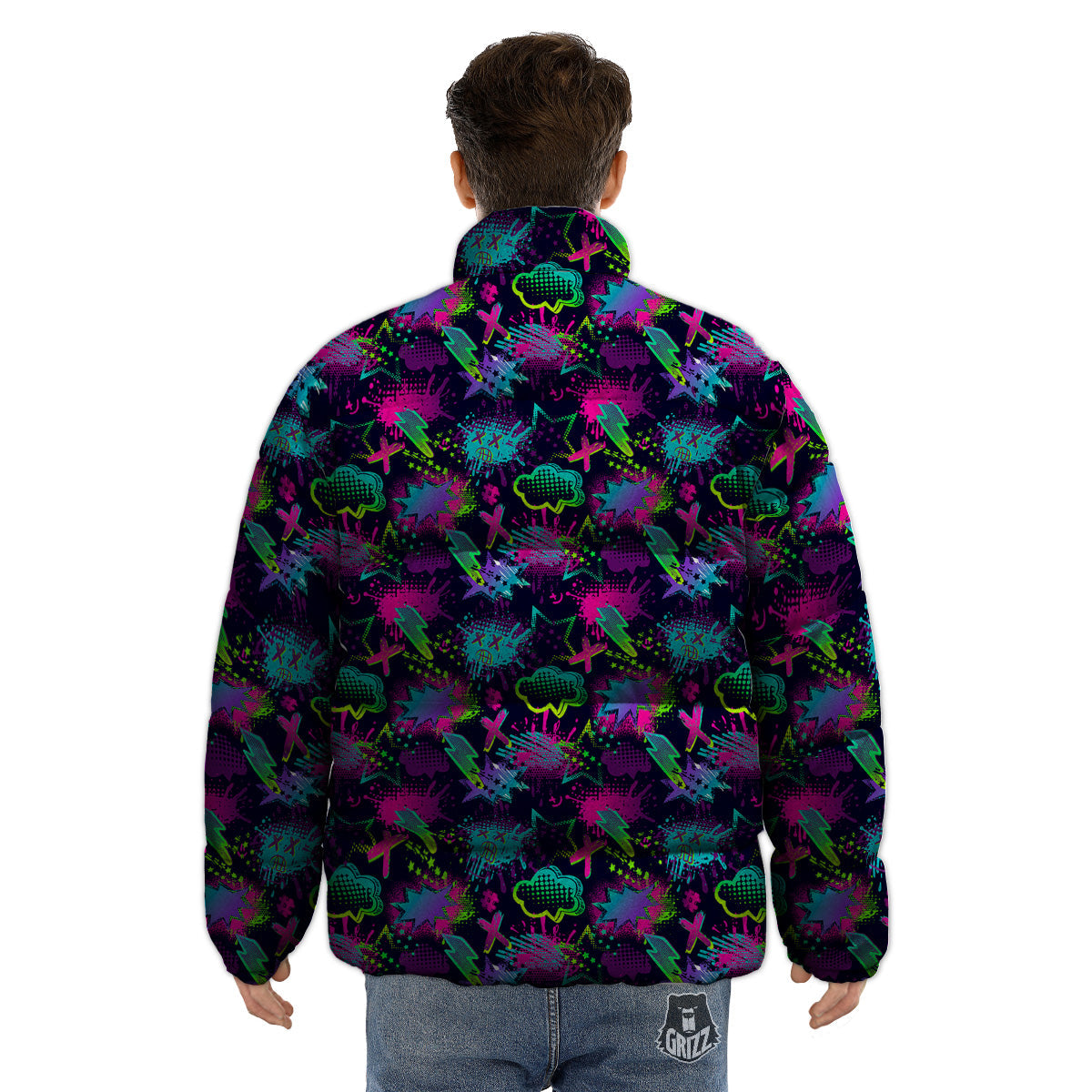 Abstract Graffiti Emoji Print Pattern Puffer Jacket-grizzshop