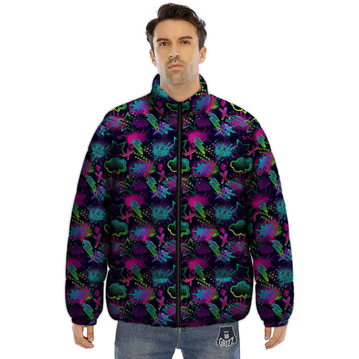 Abstract Graffiti Emoji Print Pattern Puffer Jacket-grizzshop