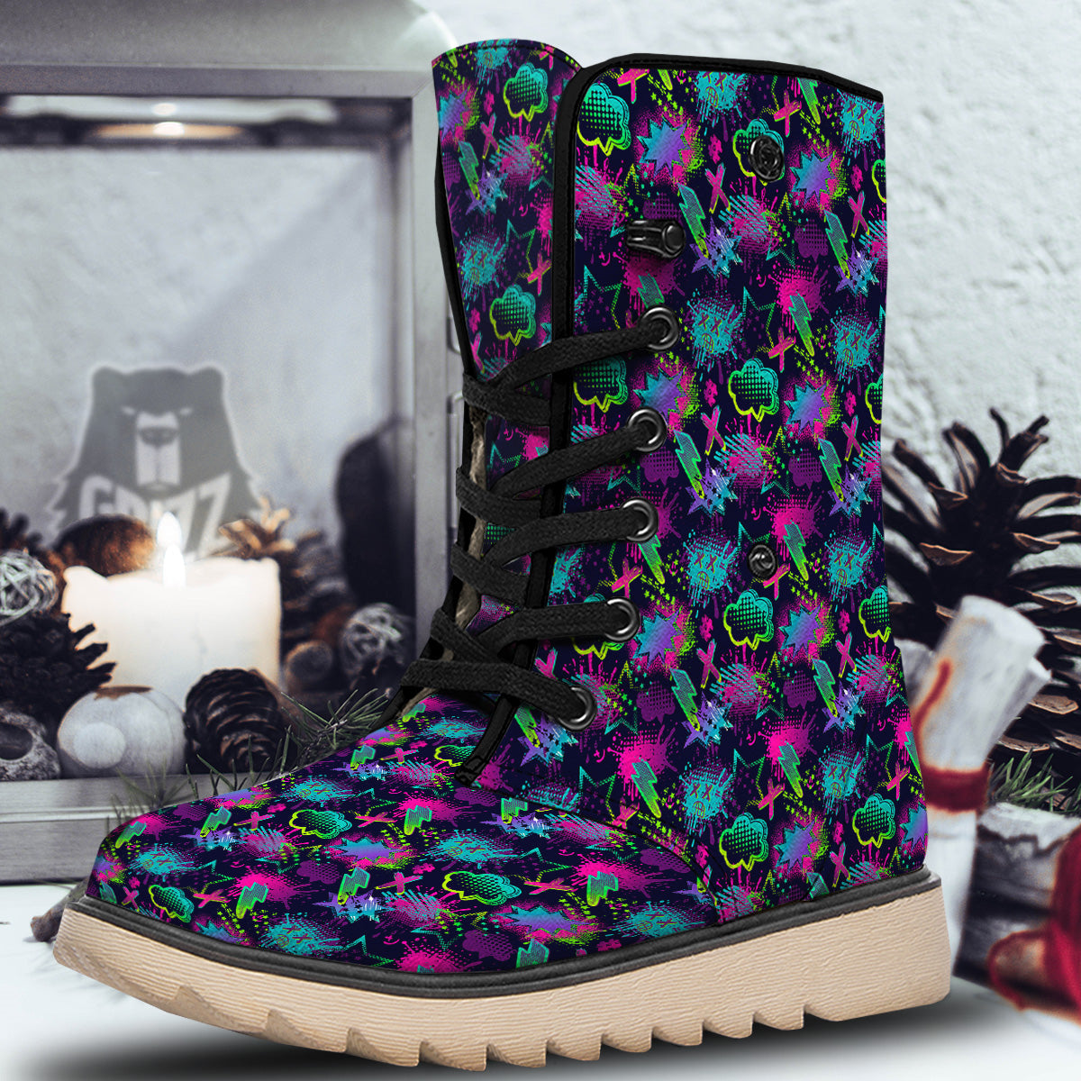 Abstract Graffiti Emoji Print Pattern Snow Boots-grizzshop