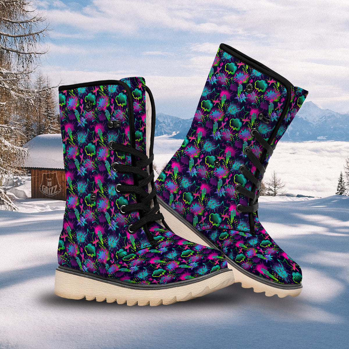 Abstract Graffiti Emoji Print Pattern Snow Boots-grizzshop