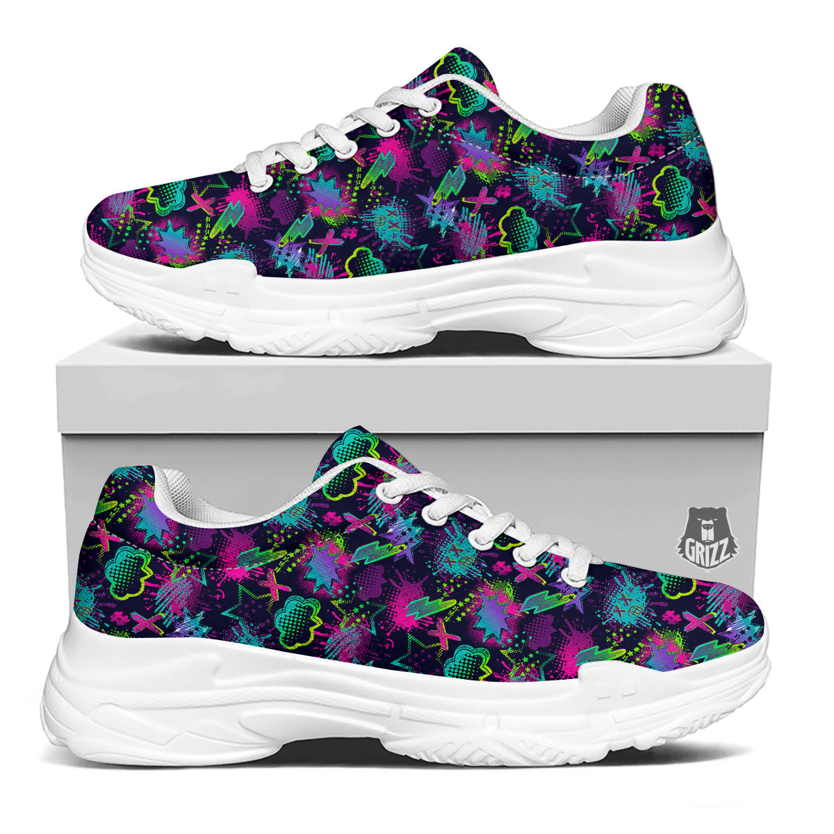 Abstract Graffiti Emoji Print Pattern White Chunky Shoes-grizzshop