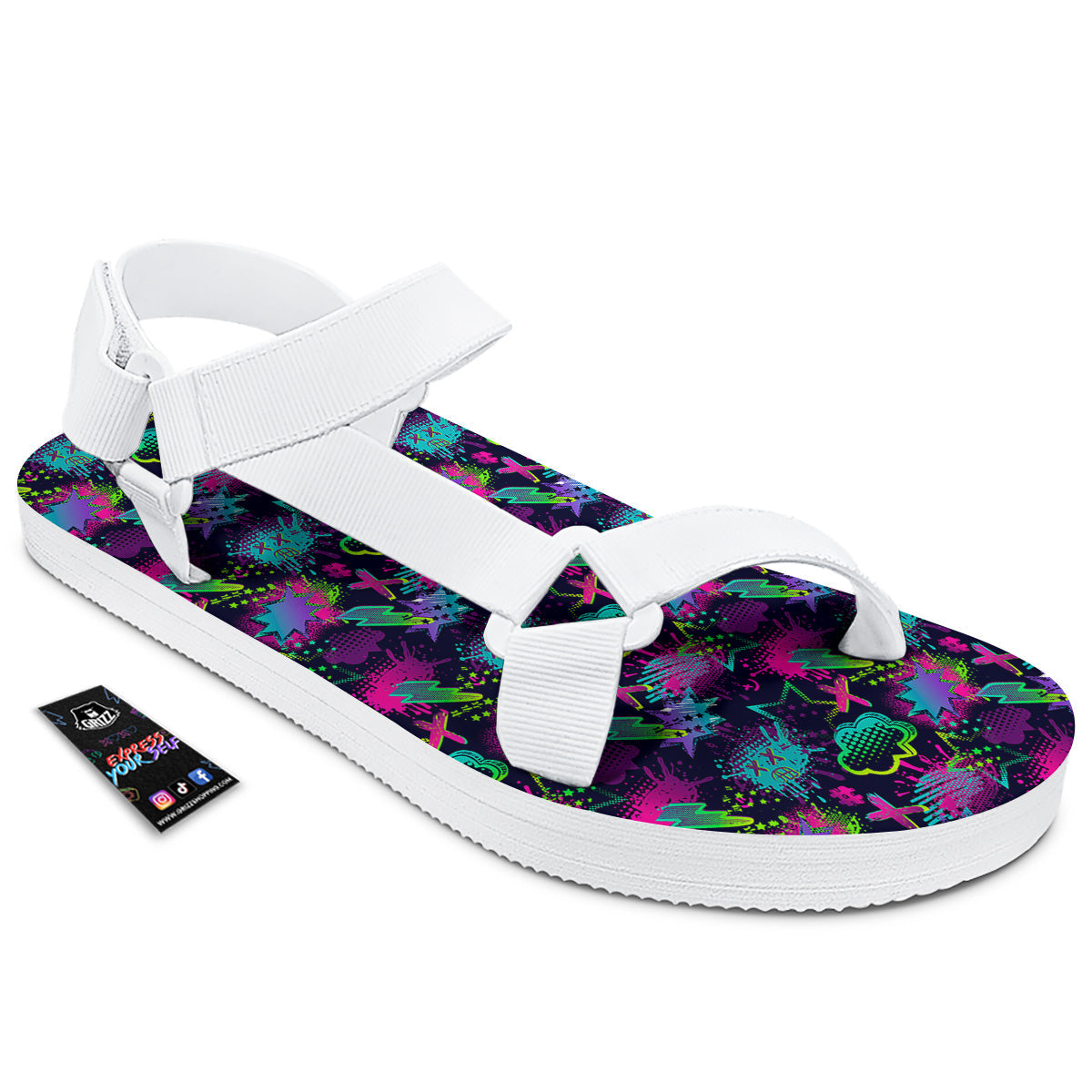 Abstract Graffiti Emoji Print Pattern White Open Toe Sandals-grizzshop