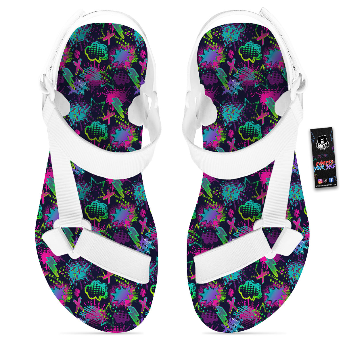 Abstract Graffiti Emoji Print Pattern White Open Toe Sandals-grizzshop