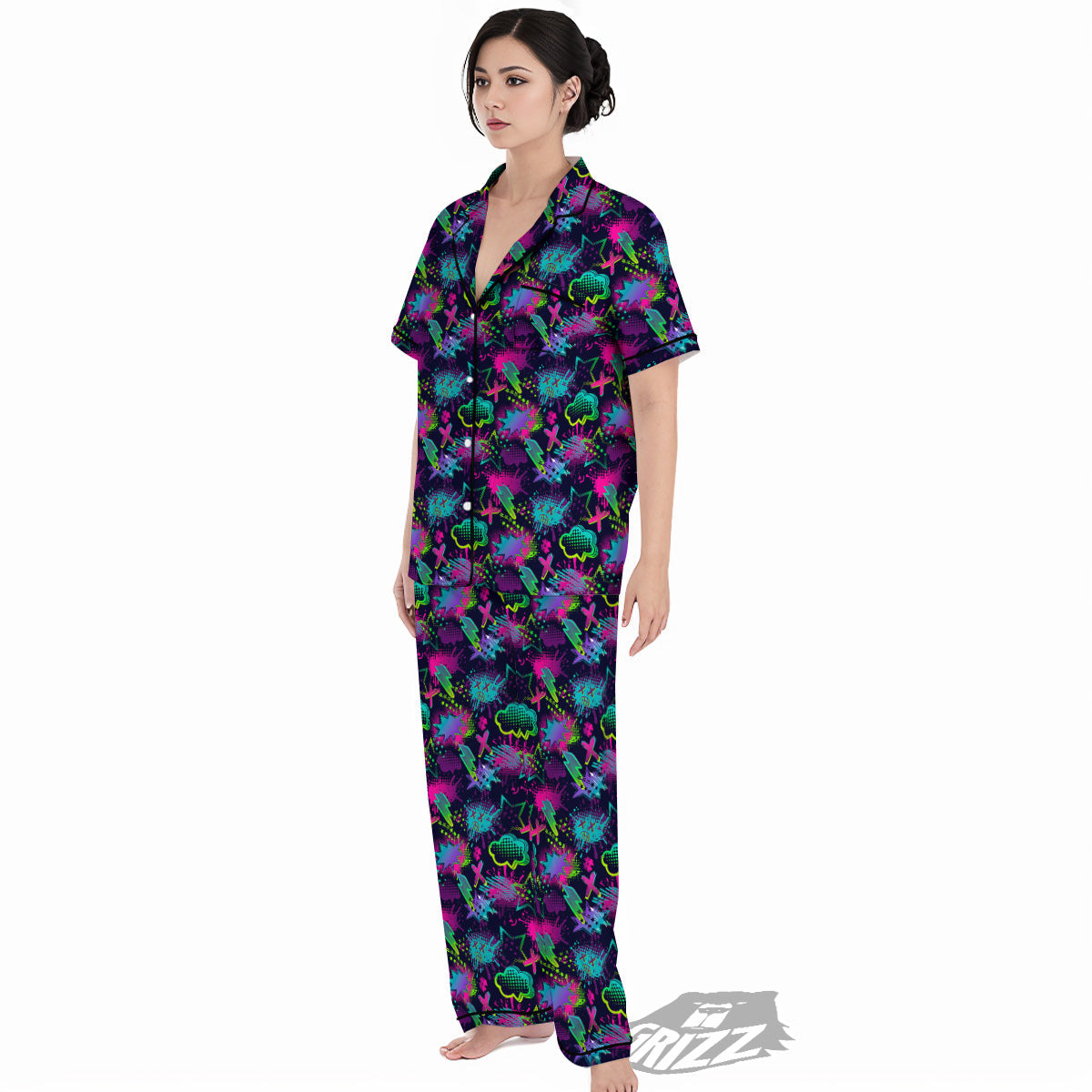 Abstract Graffiti Emoji Print Pattern Women's Pajamas Set-grizzshop