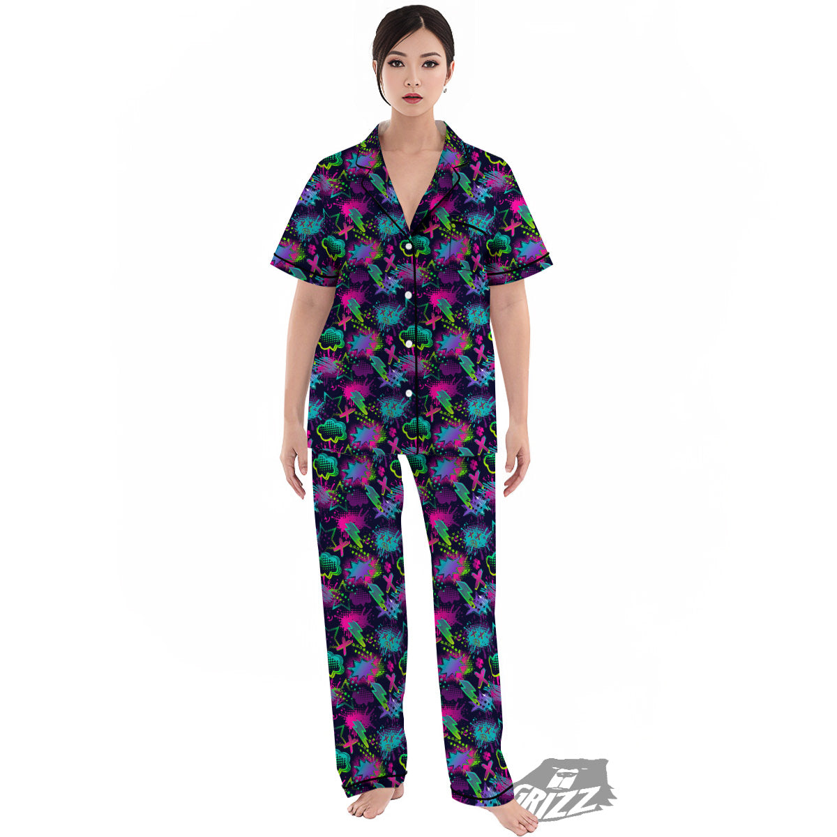 Abstract Graffiti Emoji Print Pattern Women's Pajamas Set-grizzshop