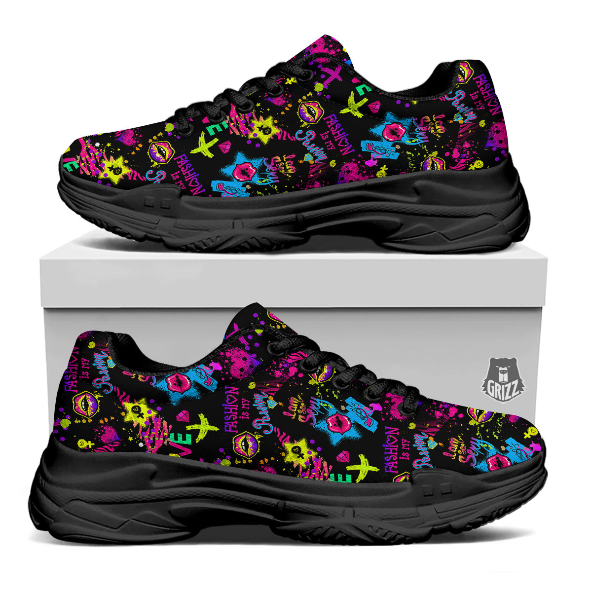 Abstract Graffiti Girlish Spray Paint Print Pattern Black Chunky Shoes-grizzshop