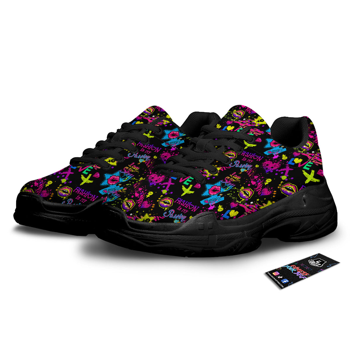 Abstract Graffiti Girlish Spray Paint Print Pattern Black Chunky Shoes-grizzshop