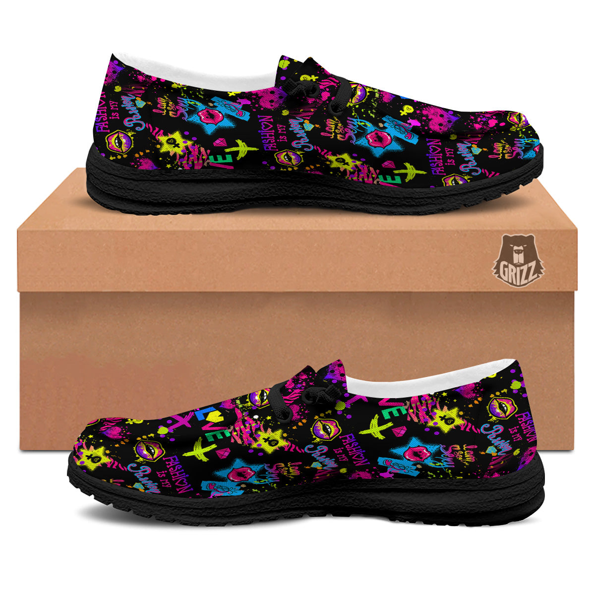 Abstract Graffiti Girlish Spray Paint Print Pattern Black Loafers-grizzshop