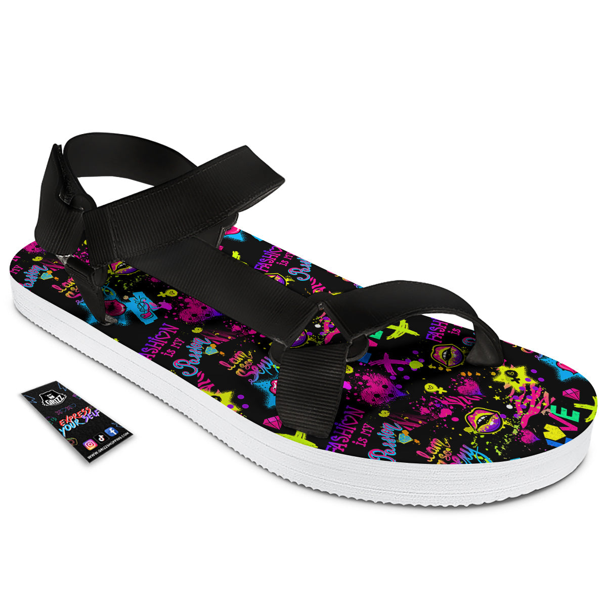 Abstract Graffiti Girlish Spray Paint Print Pattern Black Open Toe Sandals-grizzshop