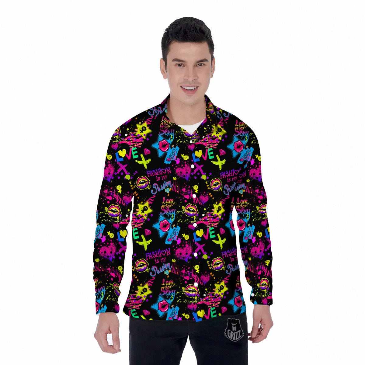 Abstract Graffiti Girlish Spray Paint Print Pattern Men's Long Sleeve Shirts-grizzshop