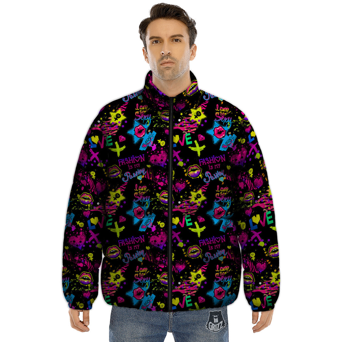 Abstract Graffiti Girlish Spray Paint Print Pattern Puffer Jacket-grizzshop