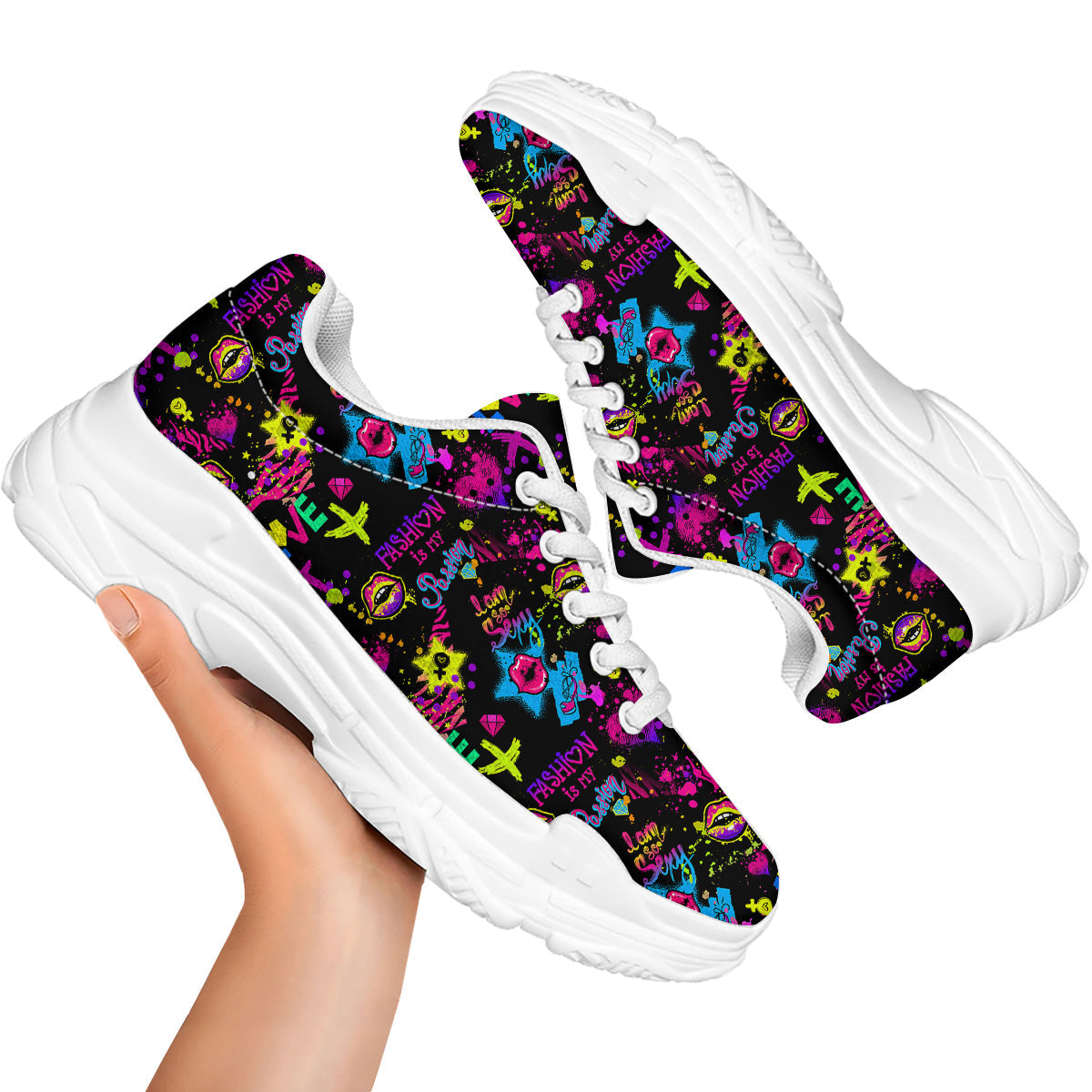 Abstract Graffiti Girlish Spray Paint Print Pattern White Chunky Shoes-grizzshop