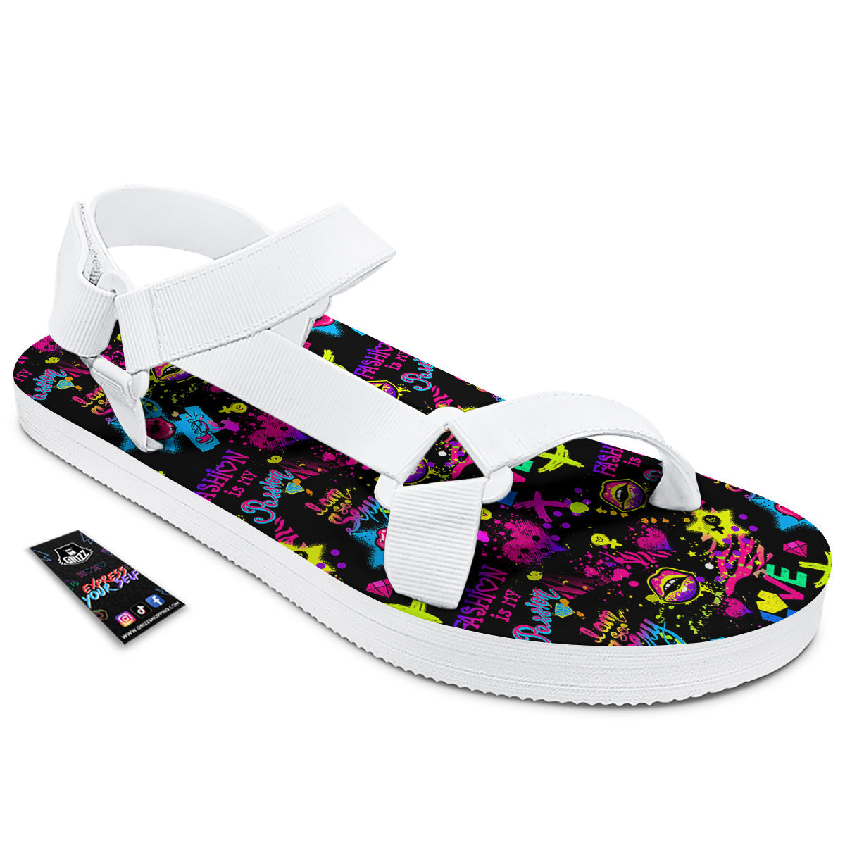 Abstract Graffiti Girlish Spray Paint Print Pattern White Open Toe Sandals-grizzshop