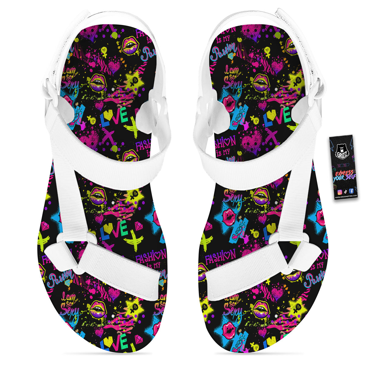 Abstract Graffiti Girlish Spray Paint Print Pattern White Open Toe Sandals-grizzshop