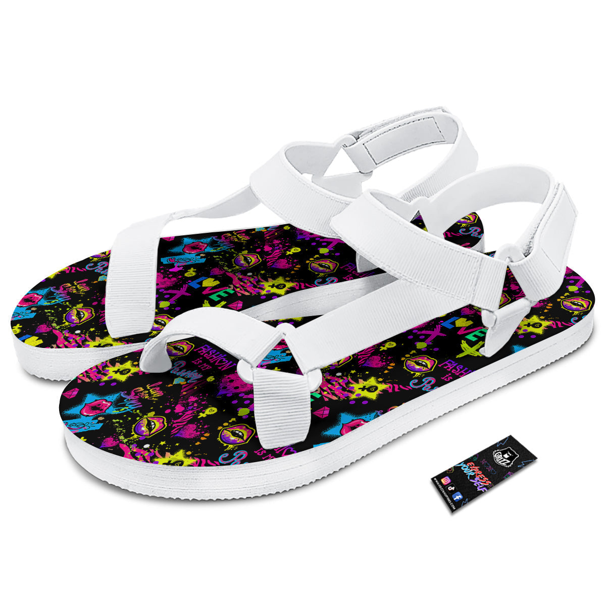 Abstract Graffiti Girlish Spray Paint Print Pattern White Open Toe Sandals-grizzshop