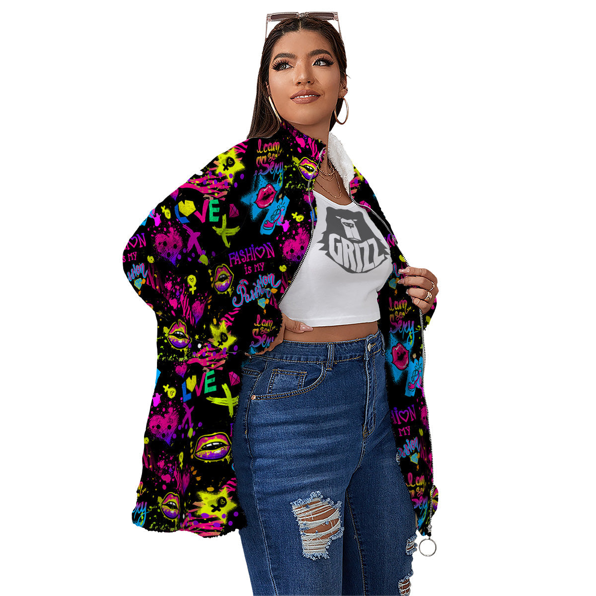 Abstract Graffiti Girlish Spray Paint Print Pattern Women's Sherpa Jacket-grizzshop