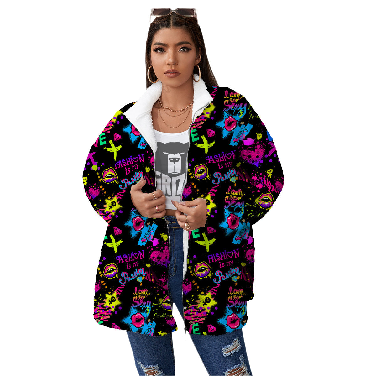 Abstract Graffiti Girlish Spray Paint Print Pattern Women's Sherpa Jacket-grizzshop