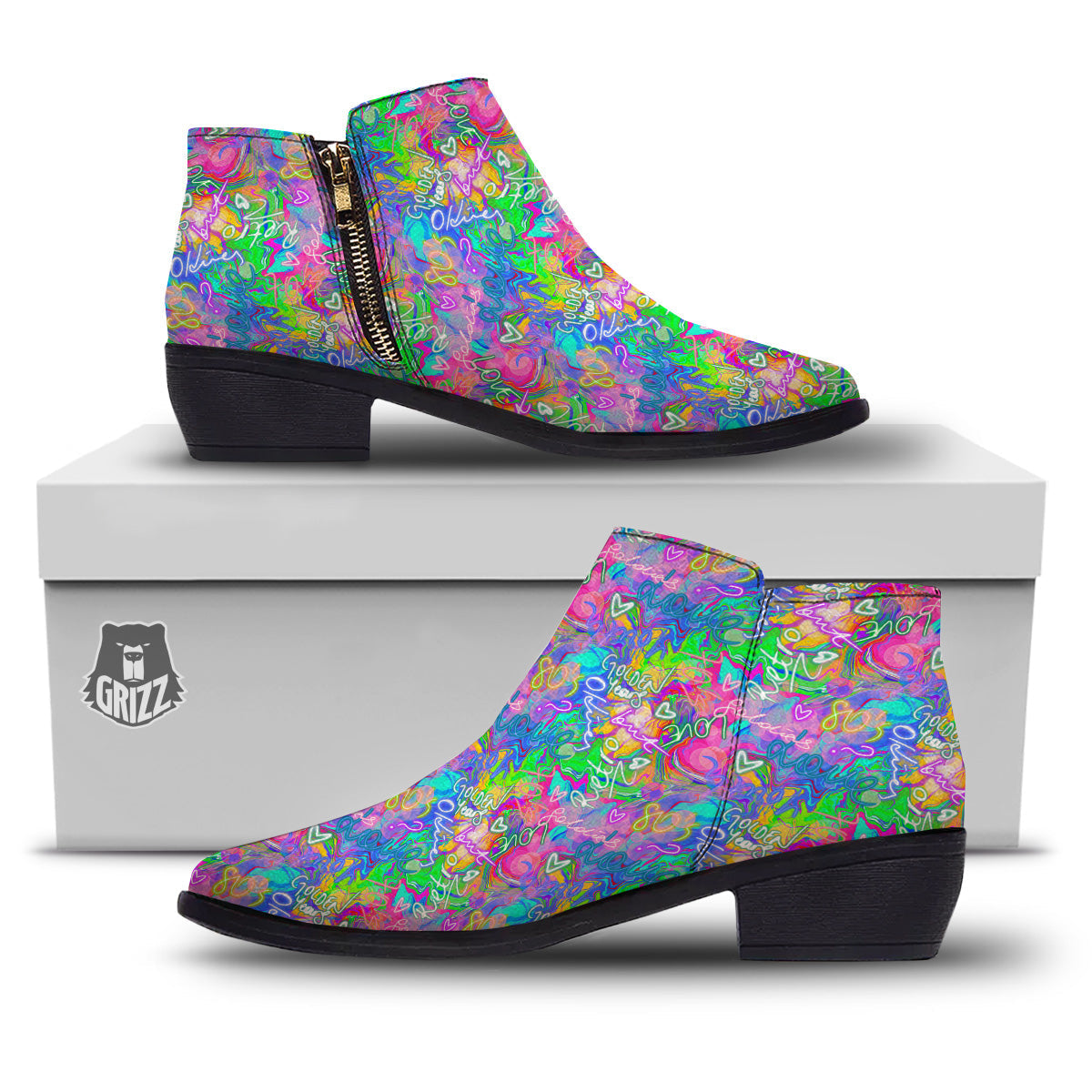 Abstract Graffiti Hand Drawing Neon Retro Print Pattern Ankle Boots-grizzshop