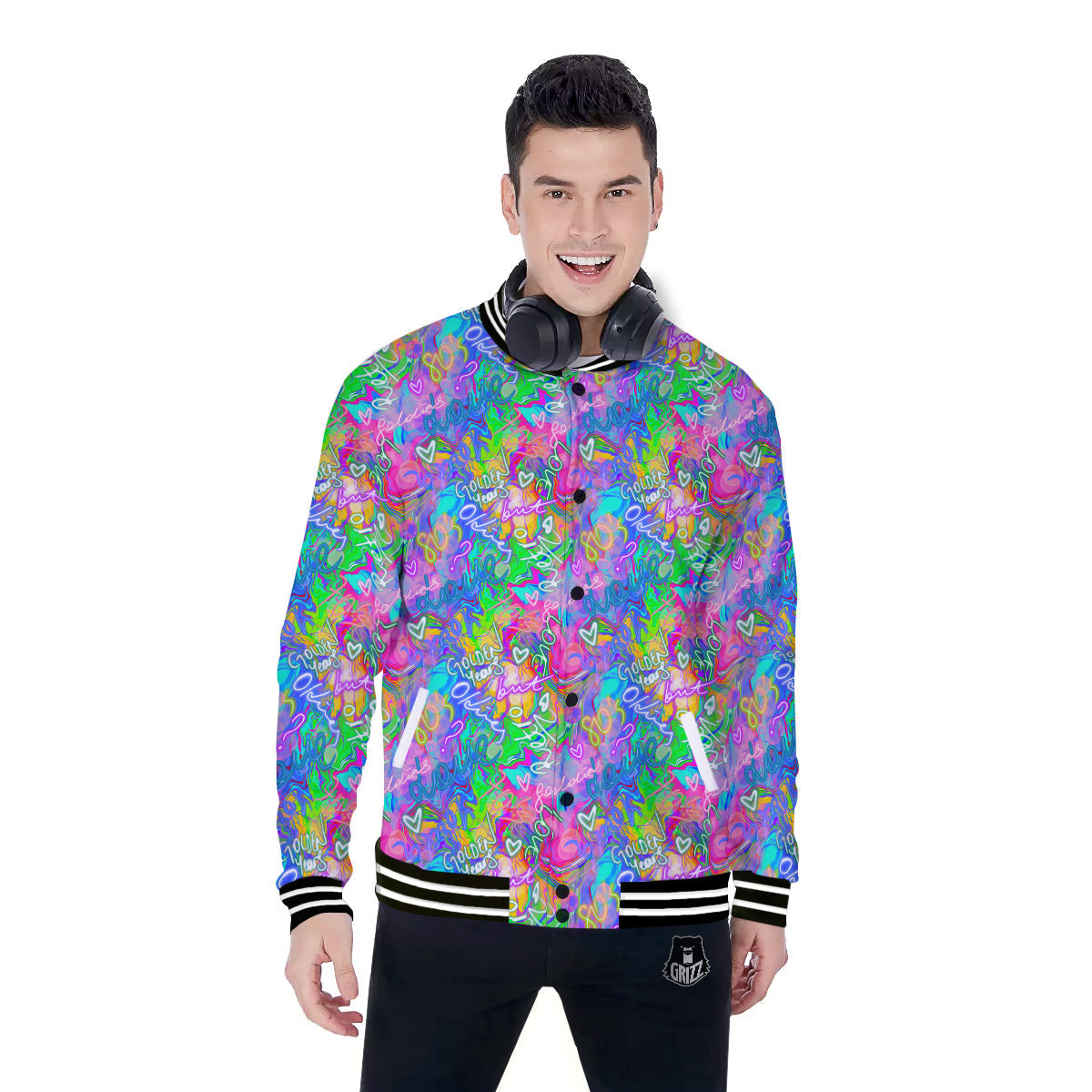 Abstract Graffiti Hand Drawing Neon Retro Print Pattern Baseball Jacket-grizzshop