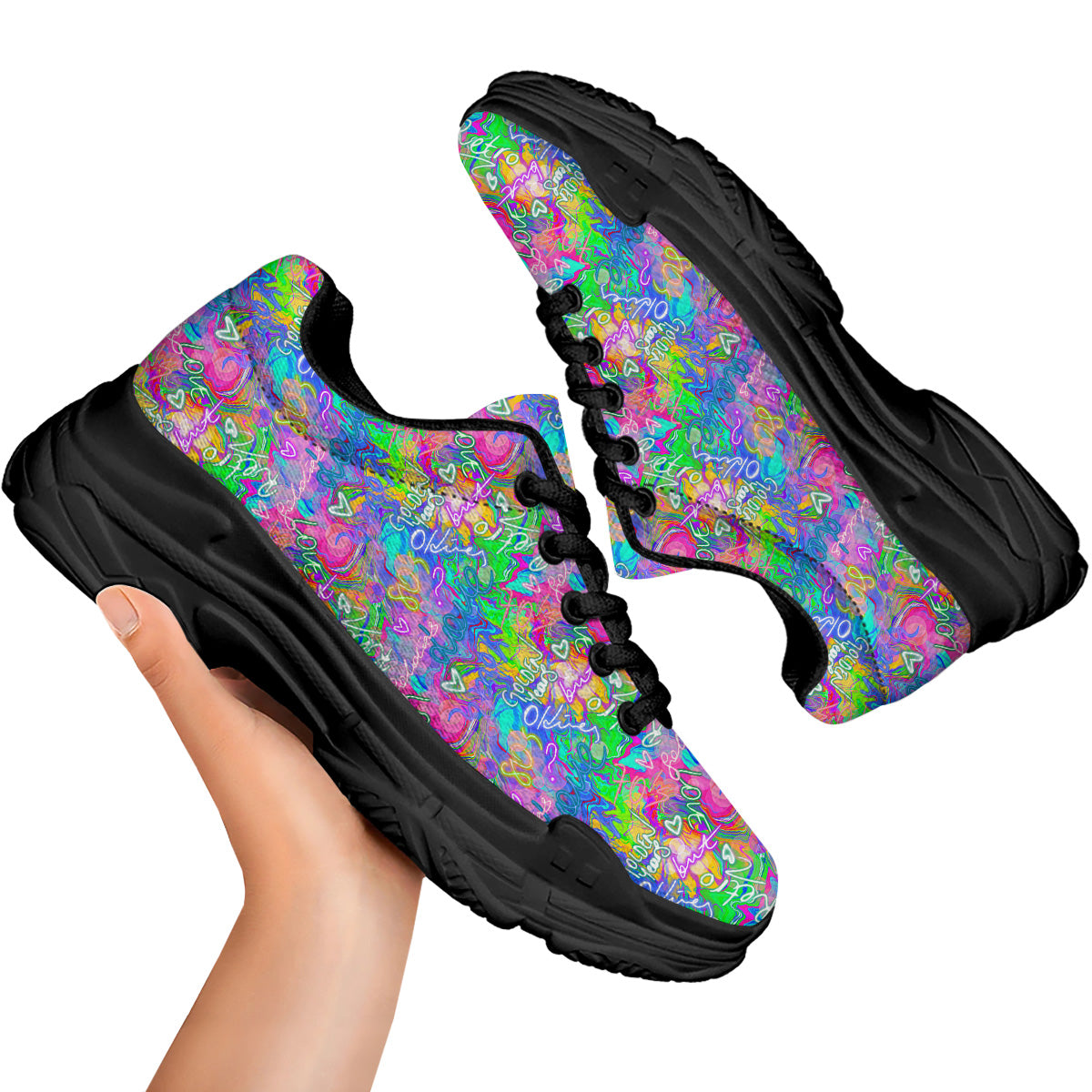 Abstract Graffiti Hand Drawing Neon Retro Print Pattern Black Chunky Shoes-grizzshop