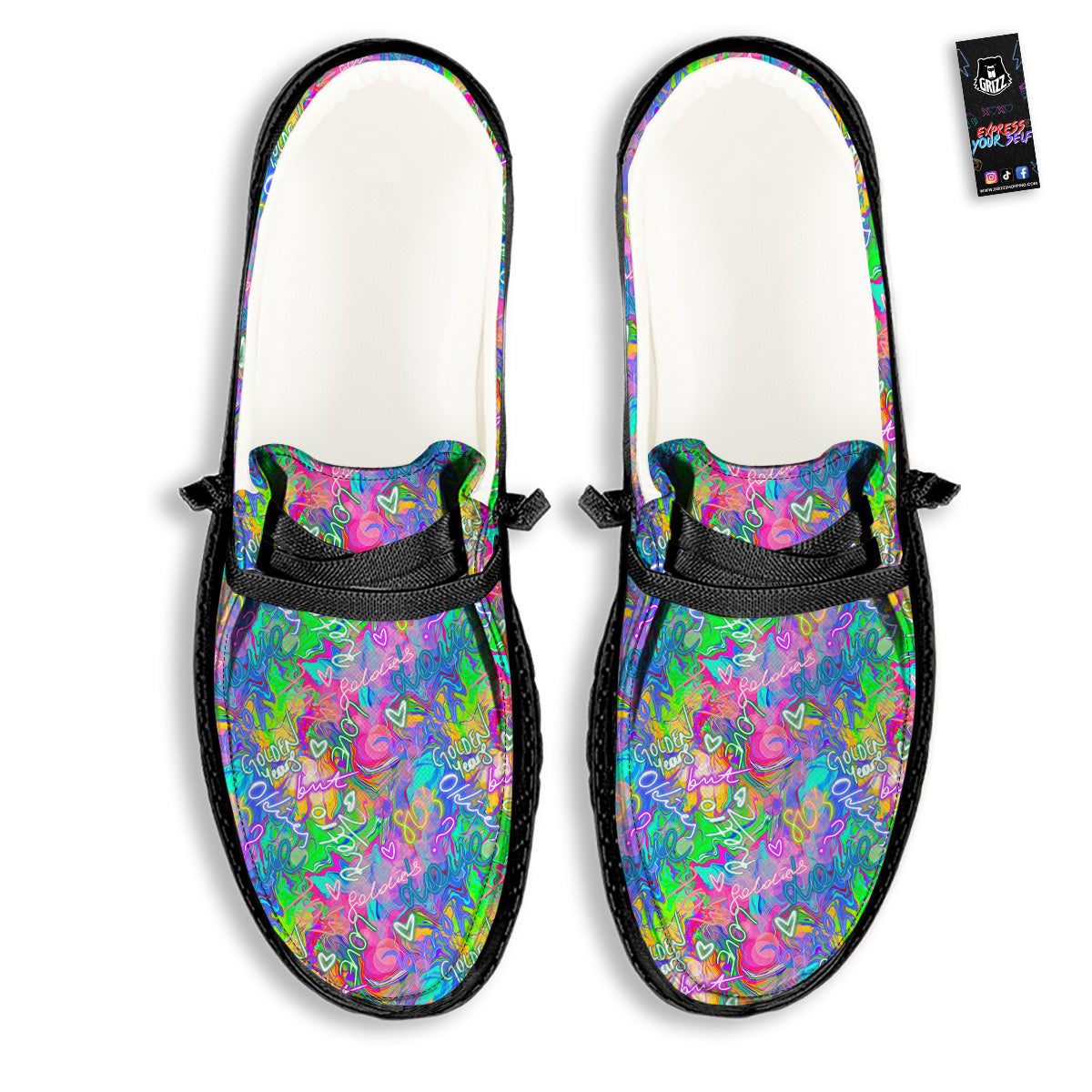 Abstract Graffiti Hand Drawing Neon Retro Print Pattern Black Loafers-grizzshop