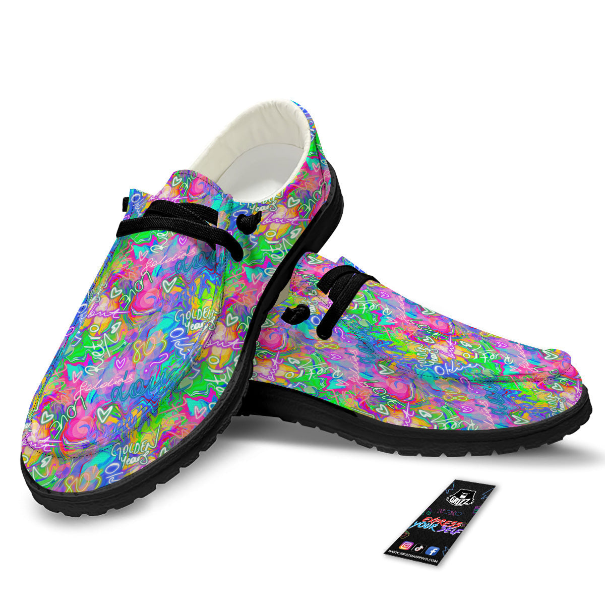 Abstract Graffiti Hand Drawing Neon Retro Print Pattern Black Loafers-grizzshop